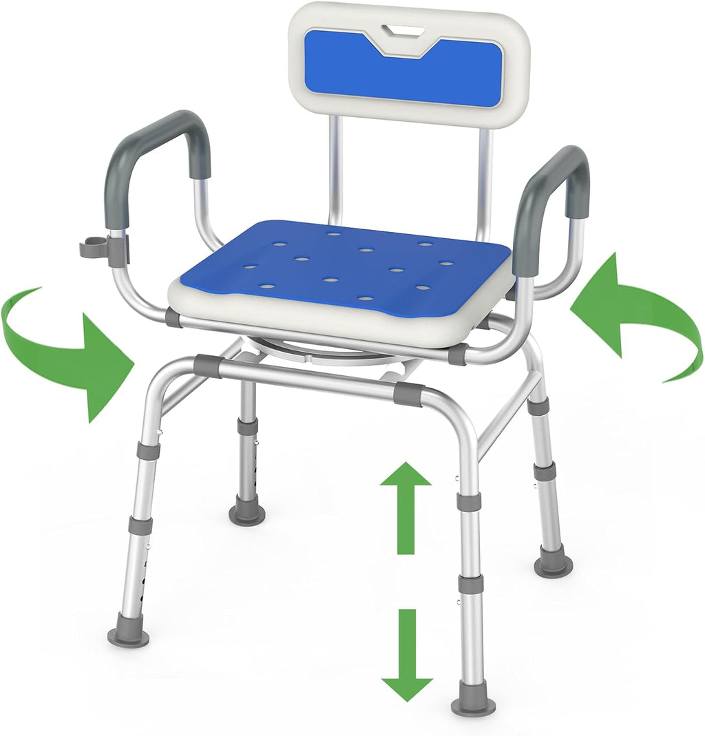 Loyoda 360 ° Swivel Shower Chair,Portable Rotating Shower Seat with Padded Armrests and Backrest, Adjustable Bathtub Height Seat,Support 400lbs