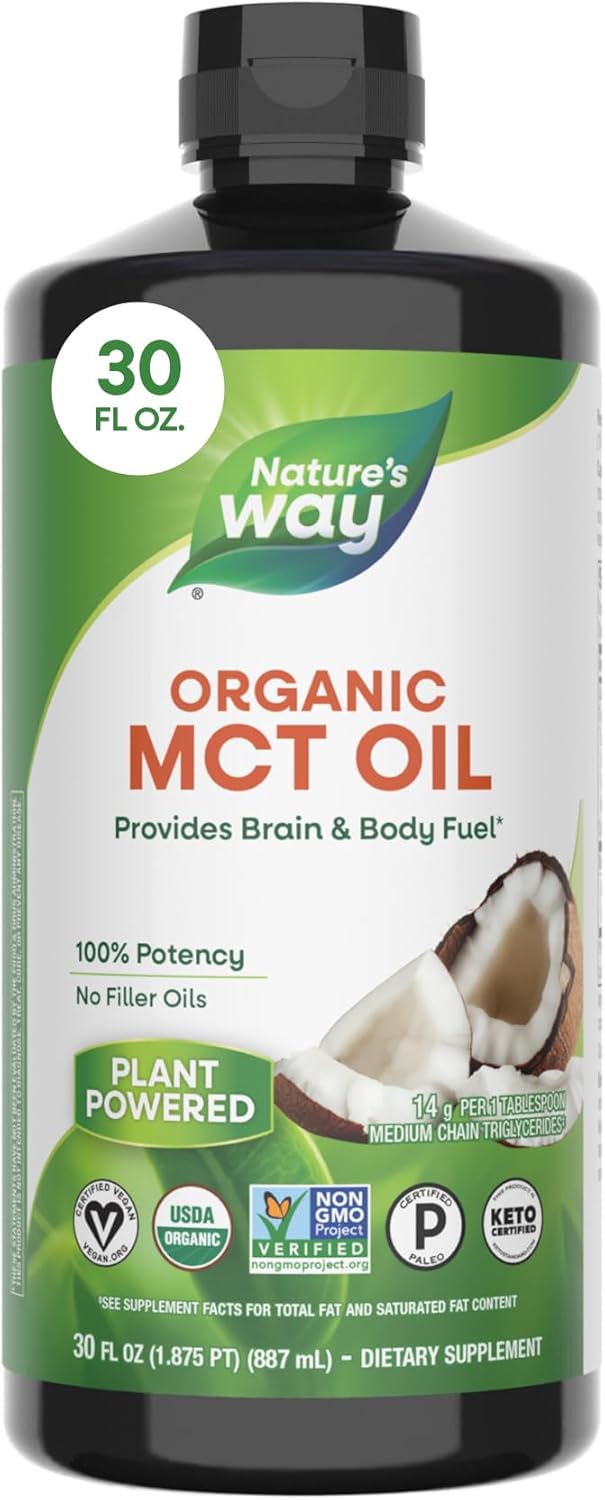 Nature’s Way Organic MCT Oil, Brain and Body Fuel*, Liquid Coconut MCT Oil with C8 Caprylic & C10 Capric Acids, 14 g Medium Chain Triglycerides per Serving, Keto & Paleo Certified, Non-GMO, 30 Fl Oz