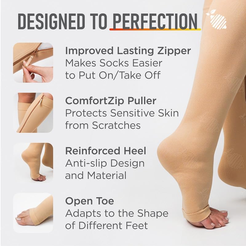 Zipper Compression Socks 20-30mmHg Open Toe with Zip Guard Skin Protection - Medical Zippered Compression Socks for Men & Women - Beige, Medium