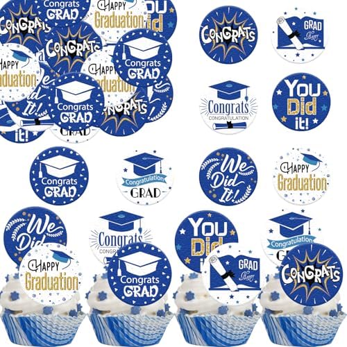 36PCS Edible Graduation Cap Cupcake Toppers Wafer Paper Grad Cap Diploma Cake Decorations Edible Grad Cap Cupcake Picks for 2026 Grad Theme Party Cake Decor Supplies (Blue)