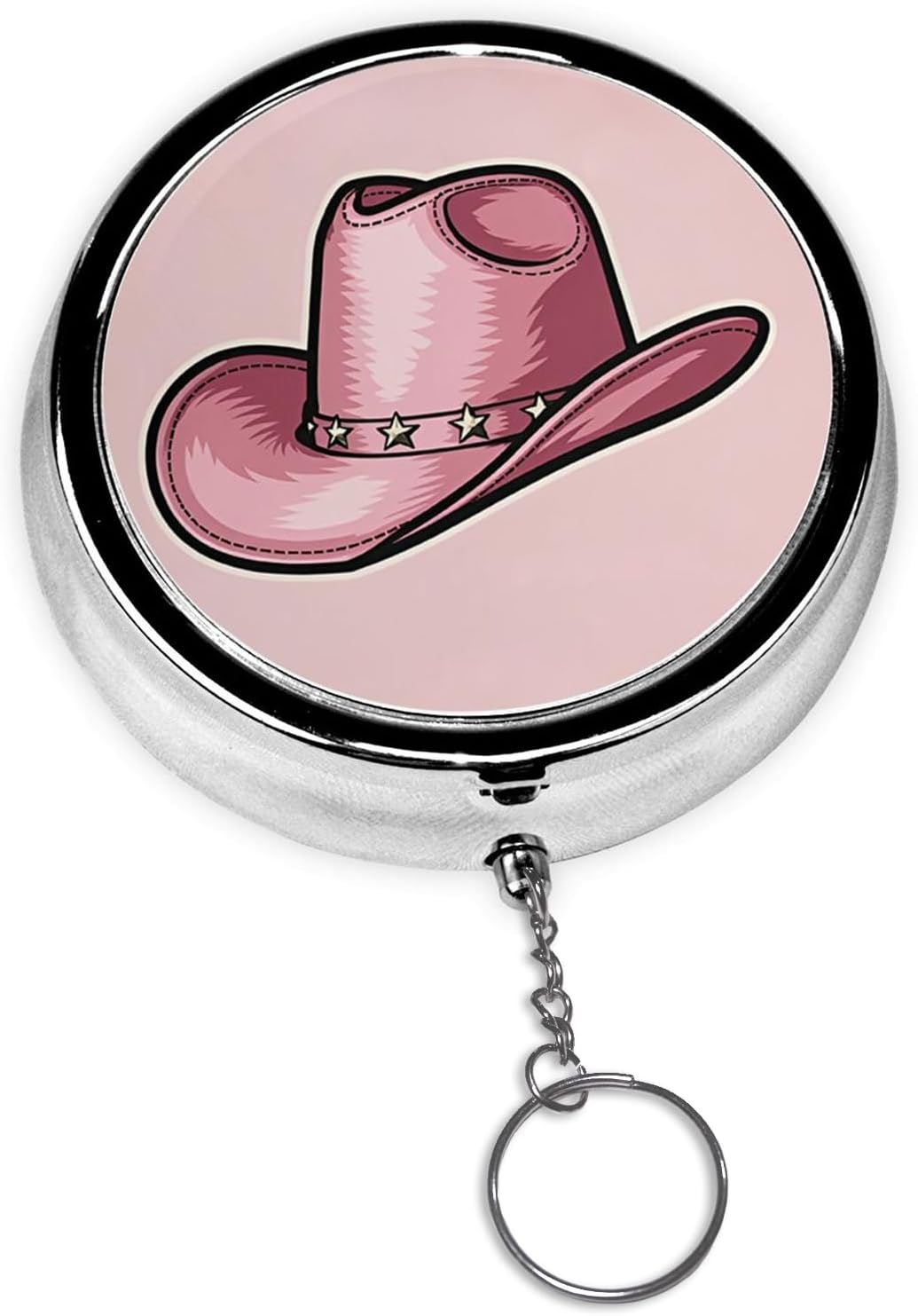 Keychain Pill Holder - Portable 3 Compartment Mini Pill Case for Pocket & Purse, Vitamin Container, Easy-Open Design for Travel - Pink Cowboy Hat