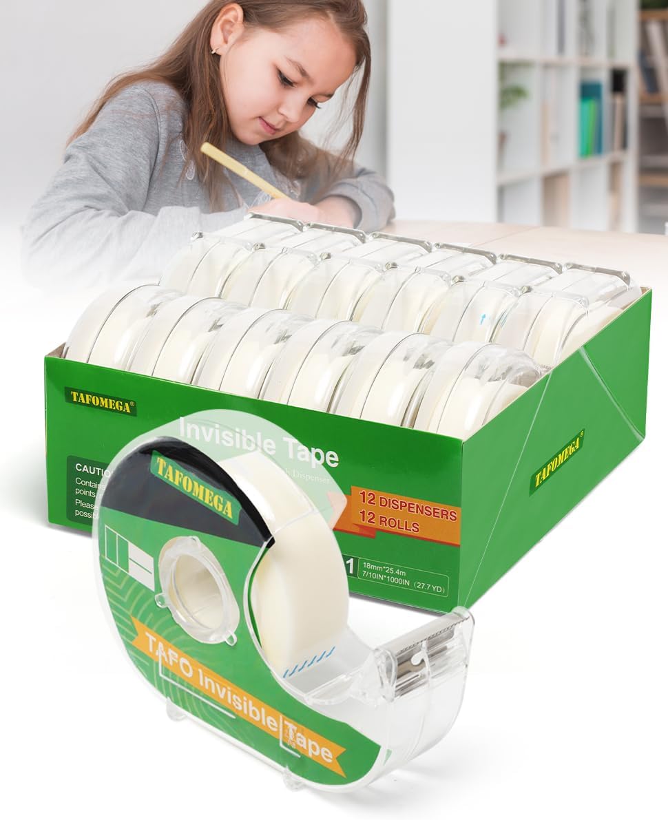 Invisible Clear Tape Bulk Rolls,12 Packs Gift Wrapping Tape for School Office Craft Job with Dispenser Frosted Writable-7/10 X 1000 Inches