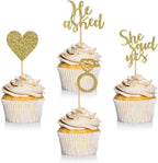 24 Pieces Gold Glitter Engagement Cupcake Toppers He Asked She Said Yes Diamond Ring Heart Cupcake Picks for Wedding Bridal Shower Party Cake Decorations