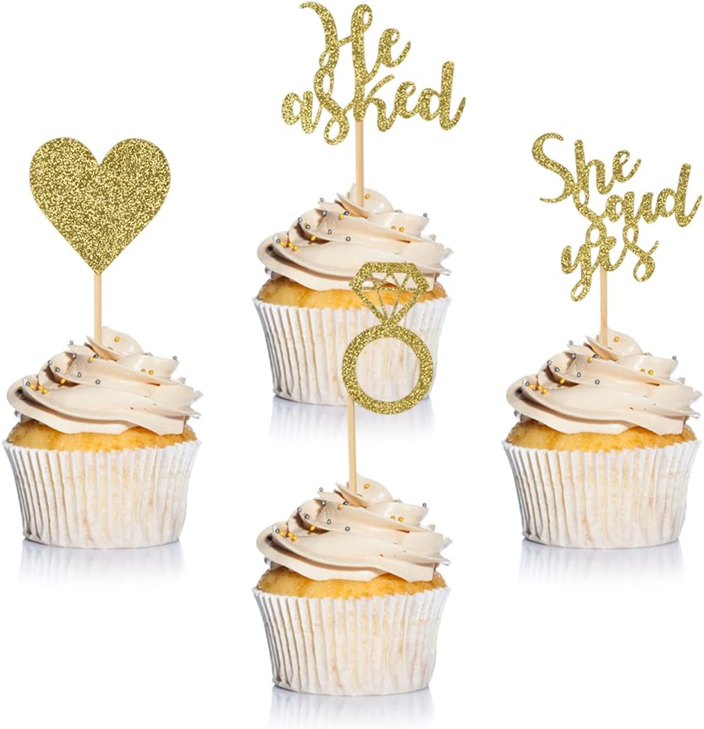 24 Pieces Gold Glitter Engagement Cupcake Toppers He Asked She Said Yes Diamond Ring Heart Cupcake Picks for Wedding Bridal Shower Party Cake Decorations