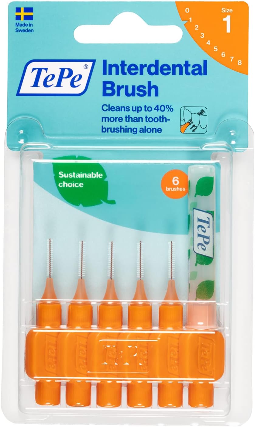 TePe Interdental Brush Original, Soft Dental Brush for Teeth Cleaning, Pack of 6, 0.45 mm, Extra-Small/Small Gaps, Orange, Size 1