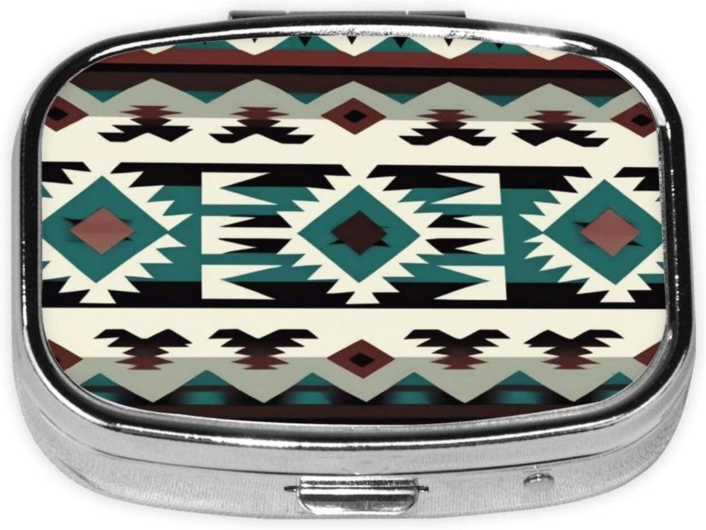 Teal Turquoise Tribal Navajo Aztec Geometric Ethnic Pattern Portable Pill Box for Pocket or Purse Pill Case Decorative Metal Medicine Vitamin Organizer