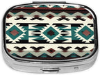 Teal Turquoise Tribal Navajo Aztec Geometric Ethnic Pattern Portable Pill Box for Pocket or Purse Pill Case Decorative Metal Medicine Vitamin Organizer