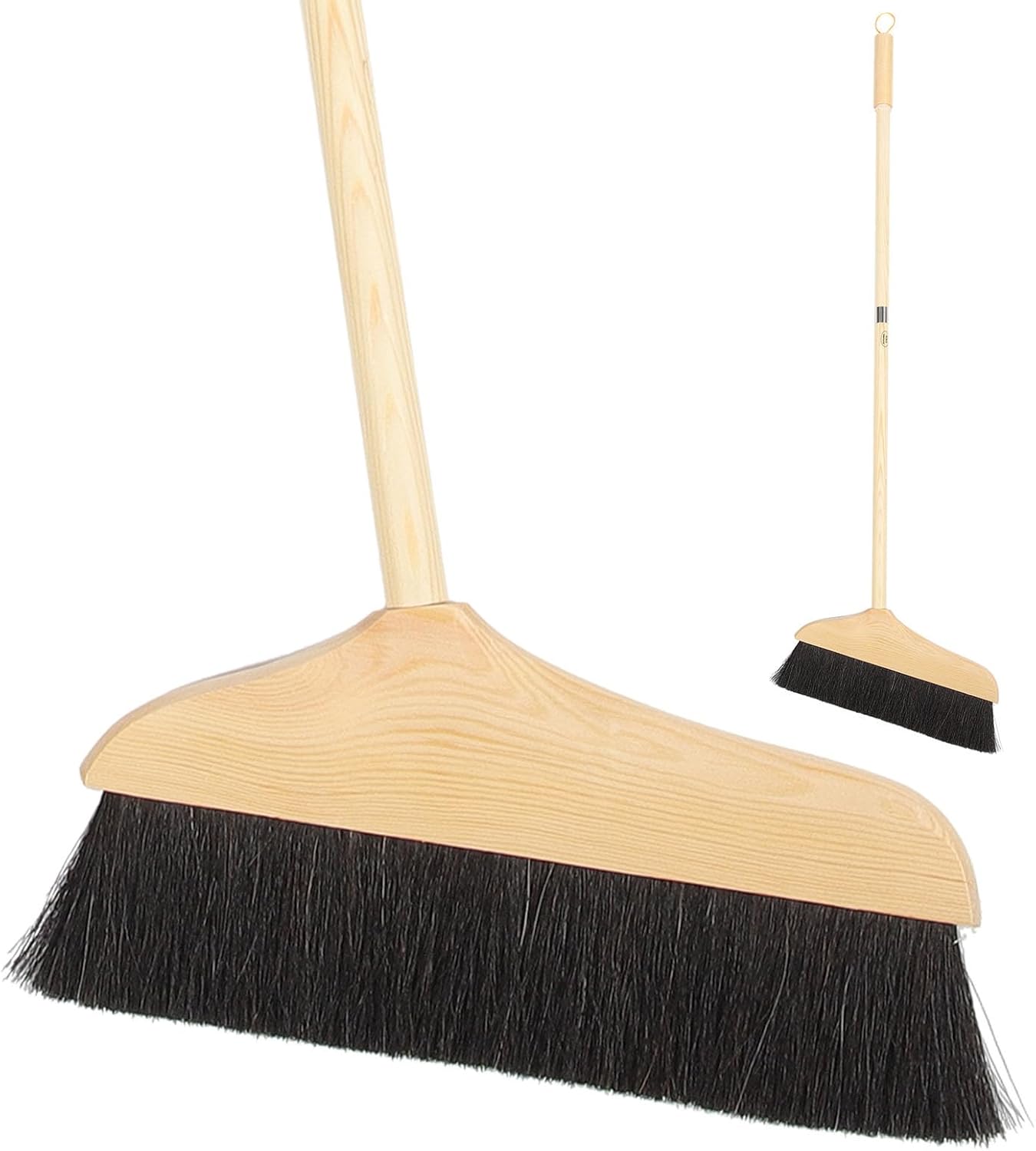 Horsehair Broom for Hardwood Floors, Soft Bristle Indoor Sweeping Brush with Pine Wood Head, Anti-Static Dust Remover for Home Kitchen, 37 Inch Wood Long Handl