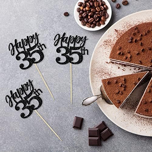 Gyufise 24Pcs Happy 35th Cupcake Toppers Glitter Number 35 Cupcake Picks Decorations for 35th Birthday Wedding Anniversary Party Supplies Black