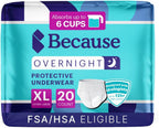 Because Overnight Absorbency Pull Ups - Adult Disposable Incontinence Underwear, Extra Absorbent Nighttime Briefs for Men and Women, White, XLarge, 20 Count