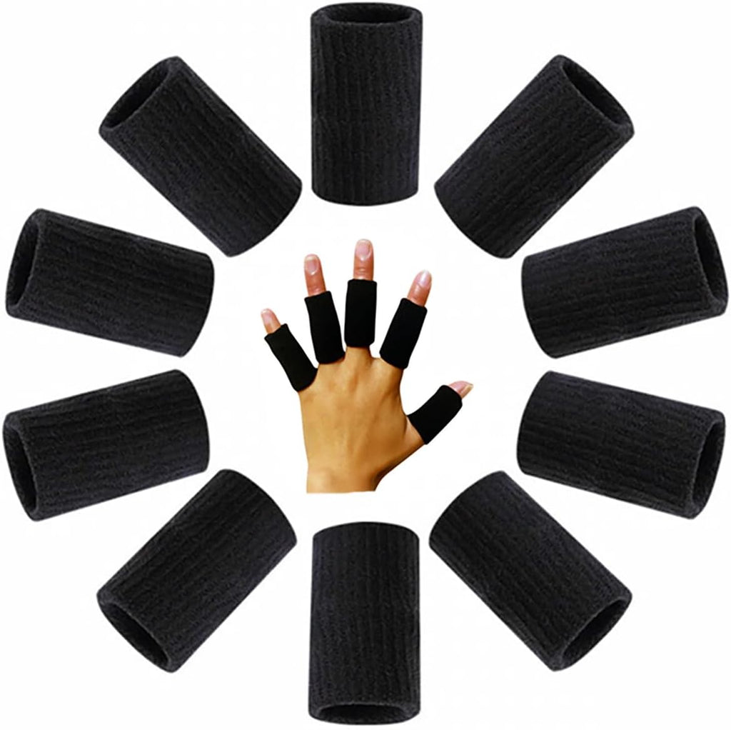10 pcs Black Finger Protector Sleeve Elastic Compression Finger Support Brace Sports Aid Arthritis Band Wraps for Basketball Tennis,Baseball Cricket Volleyball Badminton Boating