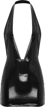 Oyolan Women Latex Tight Mini Dress Metallic Sexy Halter Plunging V Neck Bodycon Dress Party Clubwear