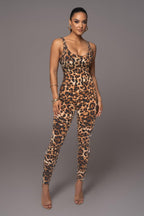 Women's ONE_PIECE_OUTFIT, U-Neck Sleeveless Leopard Print Jumpsuit, High Stretch Skinny One Piece Outfit for Women