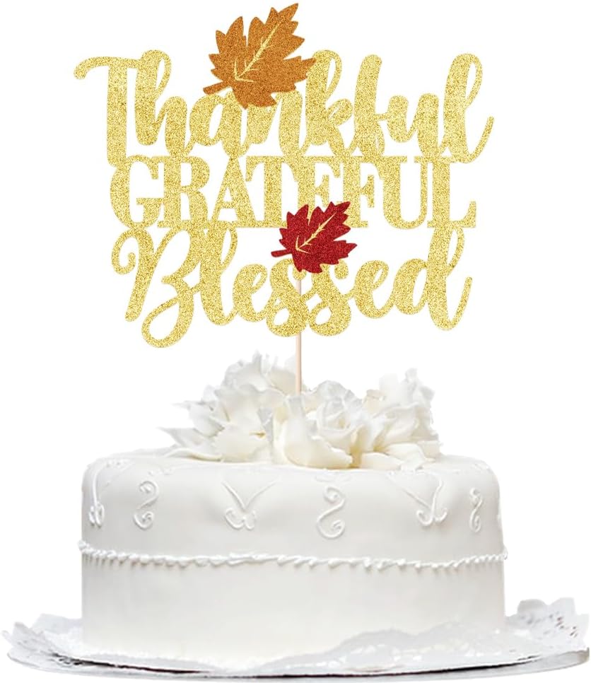 Thankful Grateful Blessed Cake Topper,Thanksgiving Cake Decor - Give Thanks,Happy Friends Giving,Fall Harvest Themed Cake Decorations,Thanksgiving Friends Gathering Party Decorations