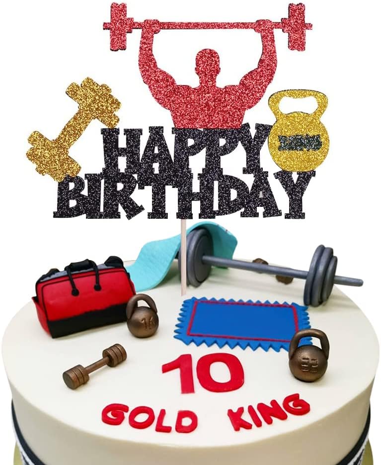 Weightlifting Cake Topper Happy Birthday Sign Cake Decorations for Men Boy Weight Lifting Gym Fitness Themed Birthday Party Supplies Black Glitter Decor