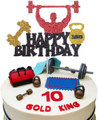 Weightlifting Cake Topper Happy Birthday Sign Cake Decorations for Men Boy Weight Lifting Gym Fitness Themed Birthday Party Supplies Black Glitter Decor