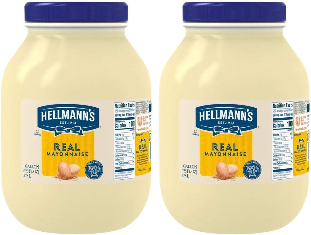 Hellmann's Real Mayonnaise Jar,Condiment for Sandwiches,Salads,Mayo Made with 100% Cage Free Eggs,Gluten Free,Vegetarian,Kosher,1 Gallon,128 oz,(Pack of 2)