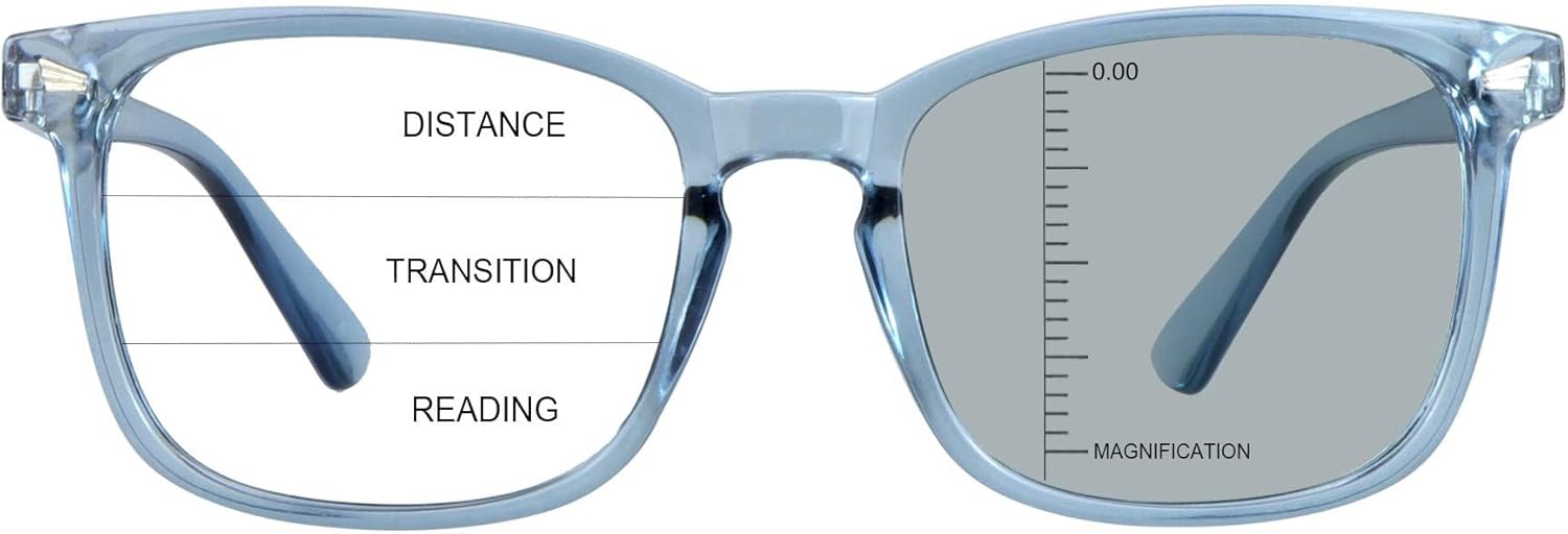 Vintage Square Progressive Multifocal Presbyopic Glasses, Photochromic Gray Sunglasses for Men Women Readers (Clear Blue,+0.00/+1.75 Magnification)