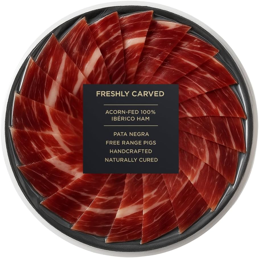 Iberico Acorn-Fed Ham - Sliced Jamon Pata Negra, 3 oz | Premium Spanish Dry-Cured Ham, Gourmet Charcuterie, 100% Bellota, Rich Flavor, Imported Iberian Delicacy (One Pack, 1, Count)