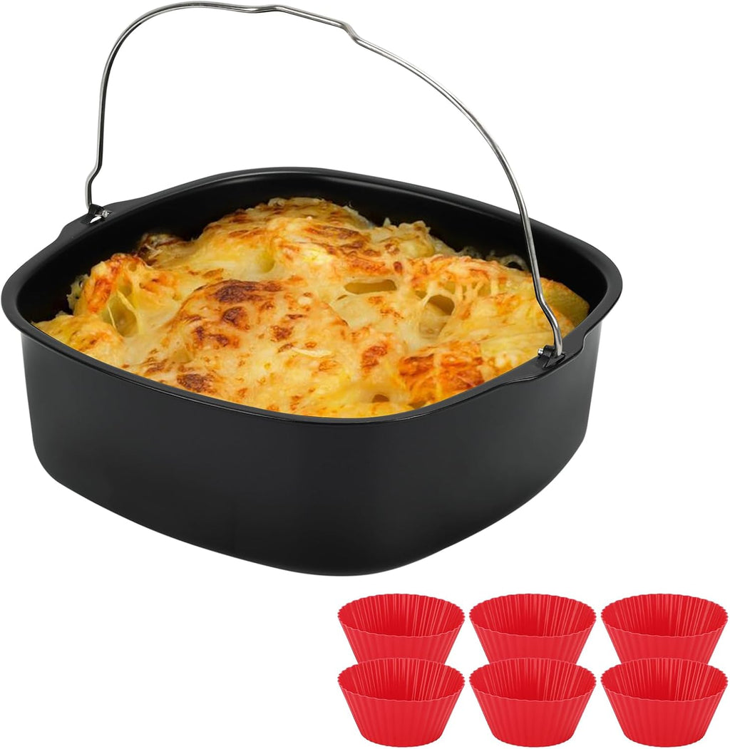 8inch Air Fryer Cake Pan, Non-stick Air Fryer Cake Barrel Square Deep Baking Pan Pizza Baking Pan for Instant Pot Cake Tray Basket Kitchen Accessorie Set (with 6 muffin cups)
