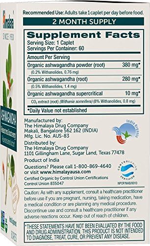 Himalaya Organic Ashwagandha Root, 120 Day Supply - Herbal Adrenal Support Supplements for Stress Relief and Energy Support - USDA Organic, Non-GMO, Vegan, Gluten Free, 60 Caplets, 2 Pack