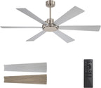 WINGBO 60 Inch Ceiling Fan without Light - 6 Plywood Blades, 6-Speed Reversible DC Motor, Noiseless Remote Control Ceiling Fan No Light for Bedroom Living Room Kitchen, Nickel and Silver/Gray