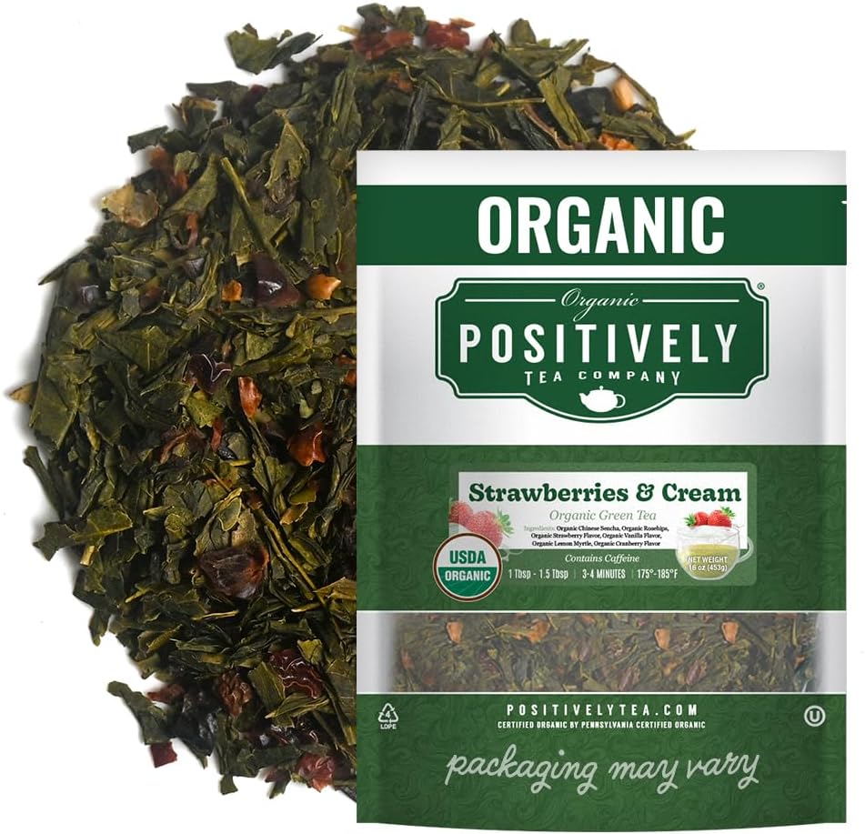 Organic Positively Tea Company, Strawberries and Cream, Green Tea, Loose Leaf, 16 Ounce