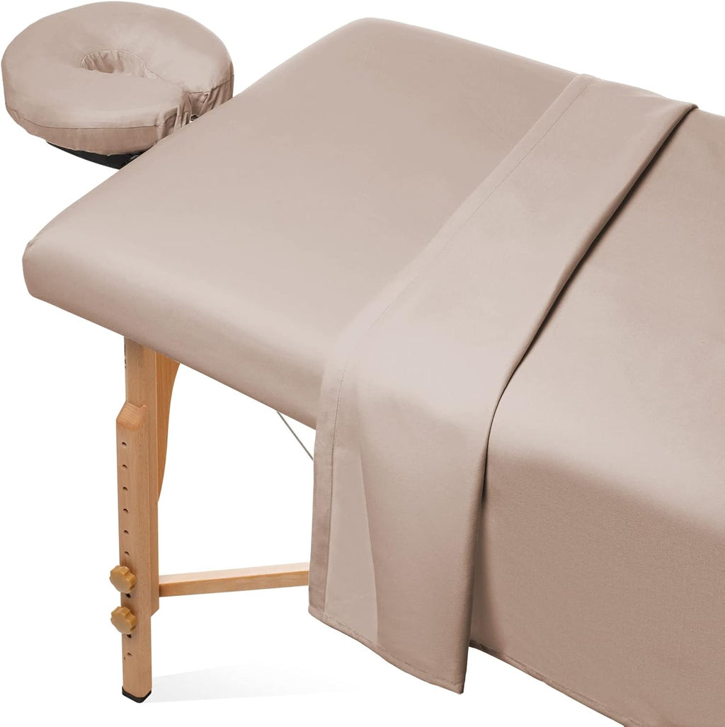 Saloniture 3-Piece Microfiber Massage Table Sheet Set - Premium Facial Bed Cover - Includes Flat and Fitted Sheets with Face Cradle Cover - Sand Brown