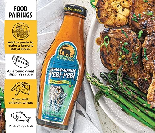 Lemon & Garlic Peri-Peri Hot Sauce by African Dream Foods | All-Natural Sweet and Spicy Piri-Piri Sauce with Thai Chili Peppers | Glass Bottle, 5 fl oz