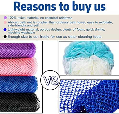 African Exfoliating Net, 4 Pieces African Net Sponge, Nylon African Bath Sponge Net, African Net Long Net Bath Sponge Shower Body Scrubber