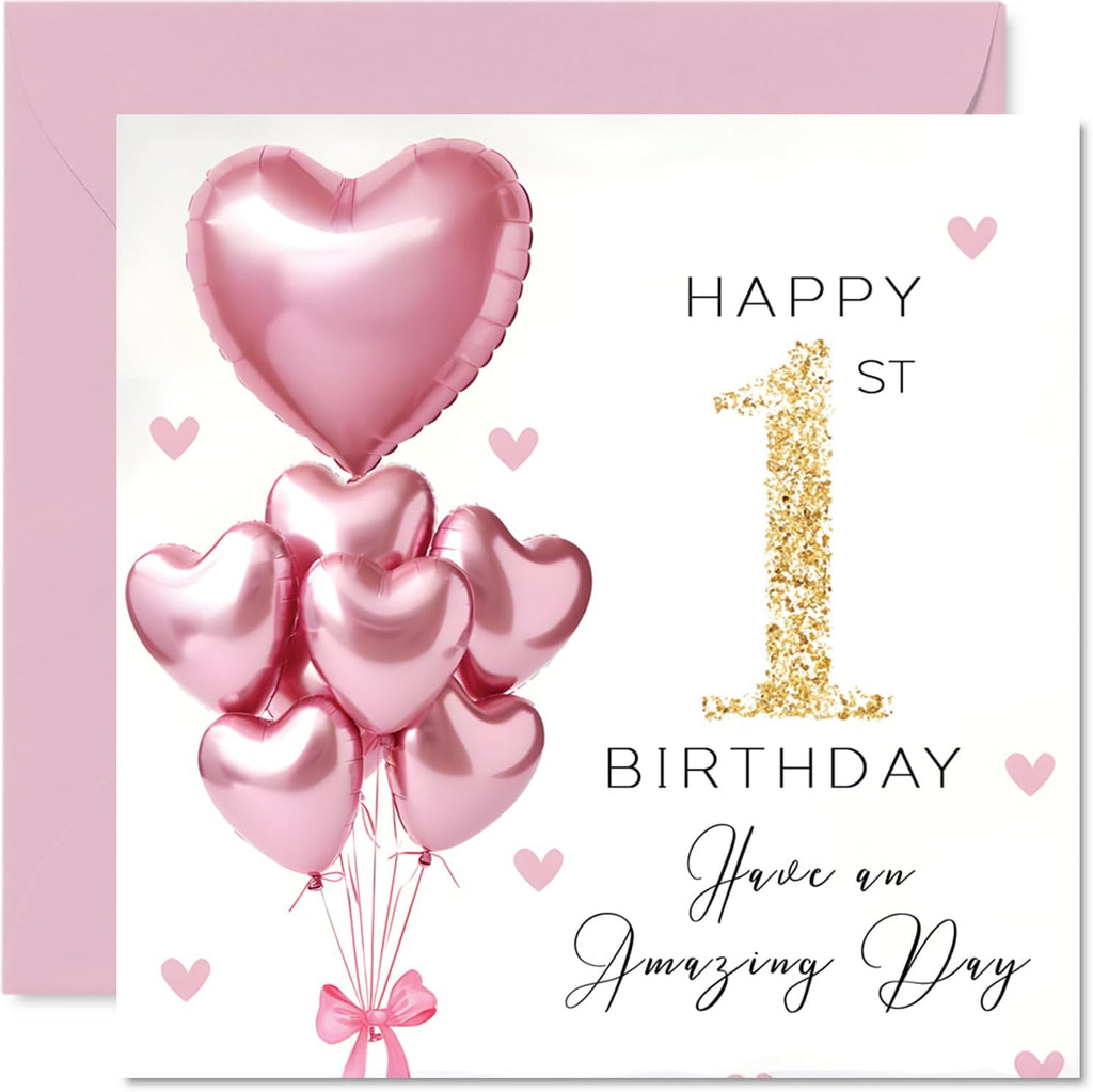 Stuff4 1st Birthday Cards for Girls - Pink Glitter Balloons - Happy Birthday Card for 1 Year Old Girl Daughter Sister Cousin Niece, 5.7 Inch Bday Greeting Cards