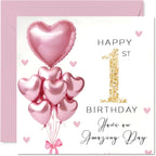 Stuff4 1st Birthday Cards for Girls - Pink Glitter Balloons - Happy Birthday Card for 1 Year Old Girl Daughter Sister Cousin Niece, 5.7 Inch Bday Greeting Cards