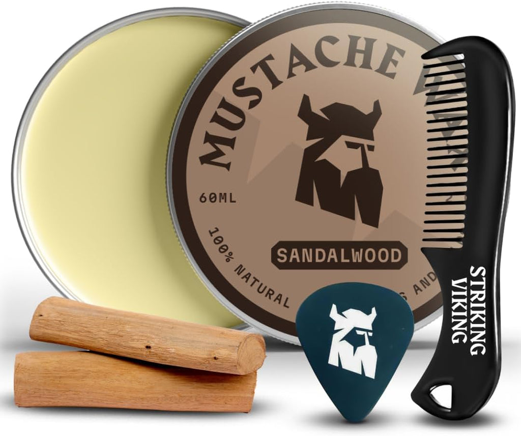Striking Viking Mustache Wax for Men with Comb - 2 oz, Sandalwood - Strong Hold Wax with Anti-Static Mustache Comb for Precise Grooming - Non-Greasy Formula for Easy Beard Care
