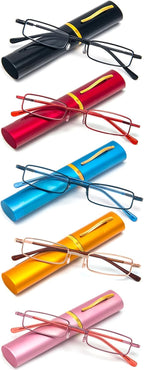 REAVEE 5 Pack Portable Slim Reading Glasses for Men Women, Computer Blue Light Blocking with Small Pocket Compact Pen Case