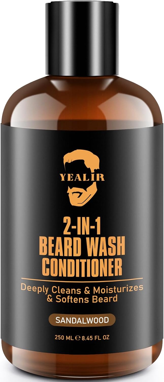 YEALIR 2-in-1 Beard Wash and Conditioner – Cleanse, Hydrate & Soften Dry, Coarse Beard, Beard Shampoo for a Fuller & Healthier Beard –Sandalwood Scent, 8.45 oz