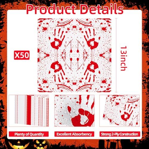 50 Pieces Halloween Bloody Handprint Napkins, Disposable Paper Napkins with Blood Splatter Design for Horror-Themed Parties, Haunted House Decorations, Halloween Dinner, and Scary Table Settings