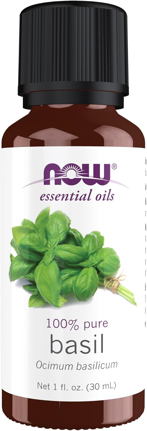 NOW Essential Oils, Basil Oil, Energizing Aromatherapy Scent, Stream Distilled, 100% Pure, Vegan, Child Resistant Cap, 1-Ounce