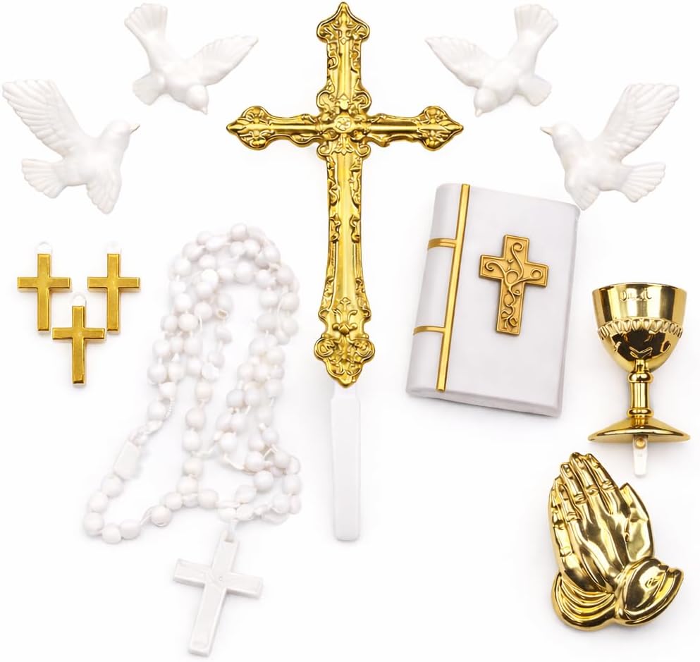 Oasis Supply First Holy Communion Cake Topper Kit – 4-Piece Religious Cake Decoration Set with Chalice & Host, Rosary, Dove and Mini Bible – Food-Safe Plastic Communion Decor (Deluxe)