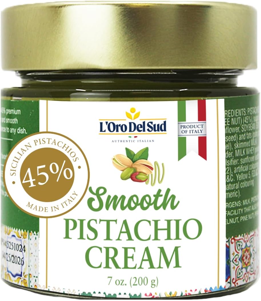 Pistachio Cream, Premium 45%, Smooth Sicilian Pistachio Spread, 7 oz (200g), Contains 45% Pistachio nuts, Sweet Pistachio Butter, Product of Italy, L’Oro Del Sud