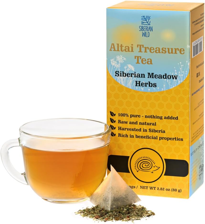 Siberian Wild Altai Treasure Tea – Siberian Meadow Herbs – Caffeine-Free Natural Herbal 20 Teabags with Rosehip, Nettle, Sea Buckthorn Leaf Berries, Ivan, Meadowsweet, Strawberry Leaf, Kuril Tea, Black Currant Leaf