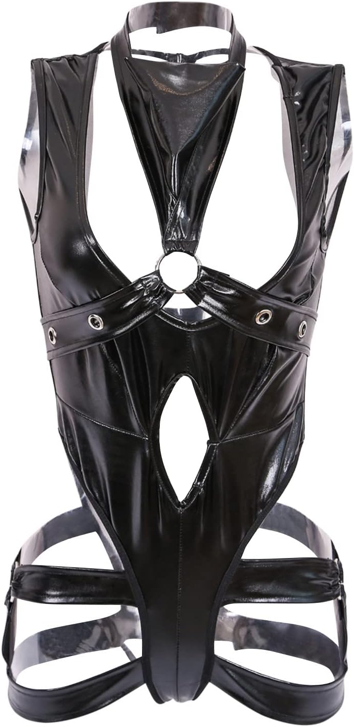 Mzkdieey Women Sexy Leather Lingerie Bodysuits Leotard Halter Harness Cut Out Teddy Babydoll One Piece Jumpsuit Pajamas