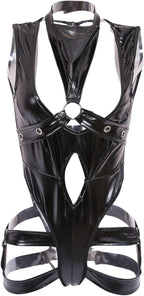 Mzkdieey Women Sexy Leather Lingerie Bodysuits Leotard Halter Harness Cut Out Teddy Babydoll One Piece Jumpsuit Pajamas