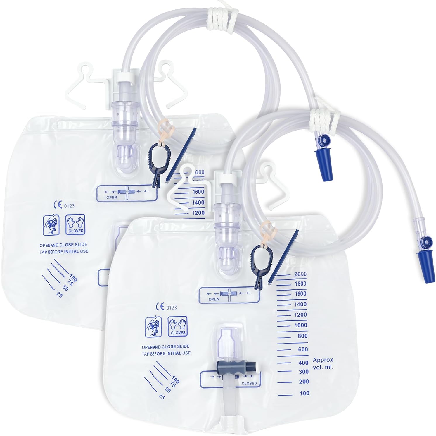 2 Pack Urinary Drainage Bag with Anti-Reflux Chamber, 2000ml Large Capacity, 48" Drainage Tube, Professional Urine Bags with Clips and Hanging Hook, Catheter Bags for Men