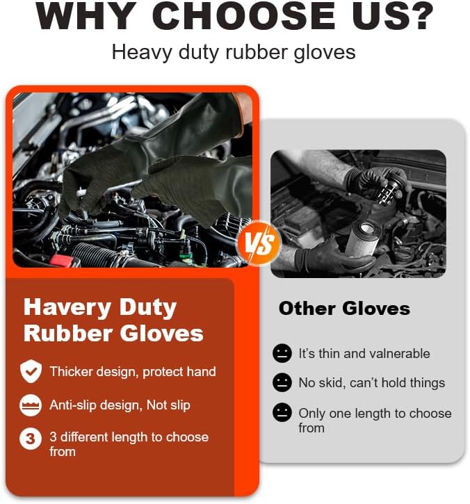North Tower Heavy Duty Rubber Gloves, Industrial Gloves Waterproof Reusable Protective Work for Cleaning, Dishwashing, Upgraded with Non-Slip Design, Black(22in,1pair)