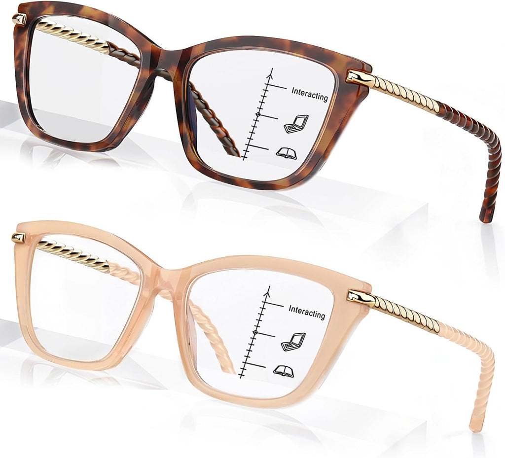 2 PCS Eye-catching Progressive Multifocus Reading Glasses Women, Trendy Cat Eye Computer Readers with Twist Temples, Anti Blue Light/Eyestrain Multifocal Glasses, 2.5x (Top is not 0)