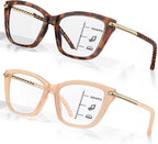 2 PCS Eye-catching Progressive Multifocus Reading Glasses Women, Trendy Cat Eye Computer Readers with Twist Temples, Anti Blue Light/Eyestrain Multifocal Glasses, 2.5x (Top is not 0)