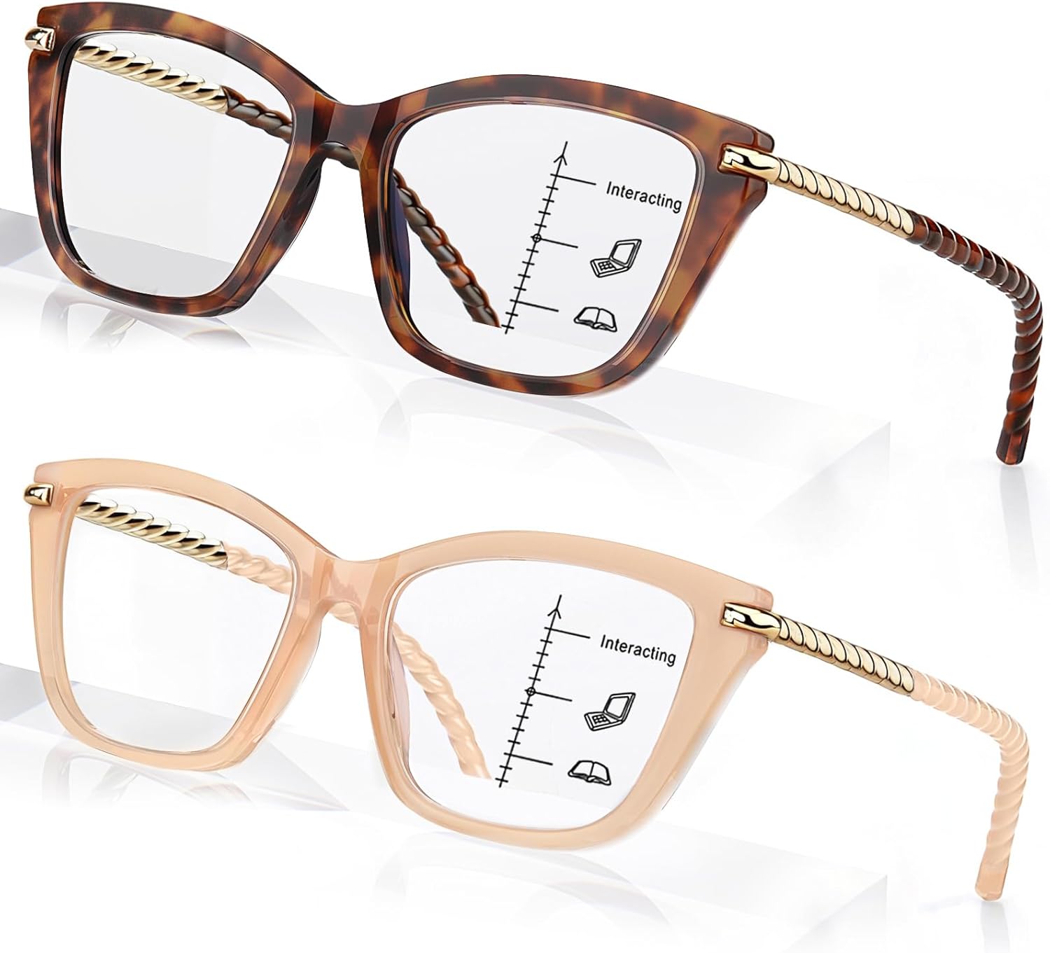 2 PCS Eye-catching Progressive Multifocus Reading Glasses Women, Trendy Cat Eye Computer Readers with Twist Temples, Anti Blue Light/Eyestrain Multifocal Glasses, 2.5x (Top is not 0)