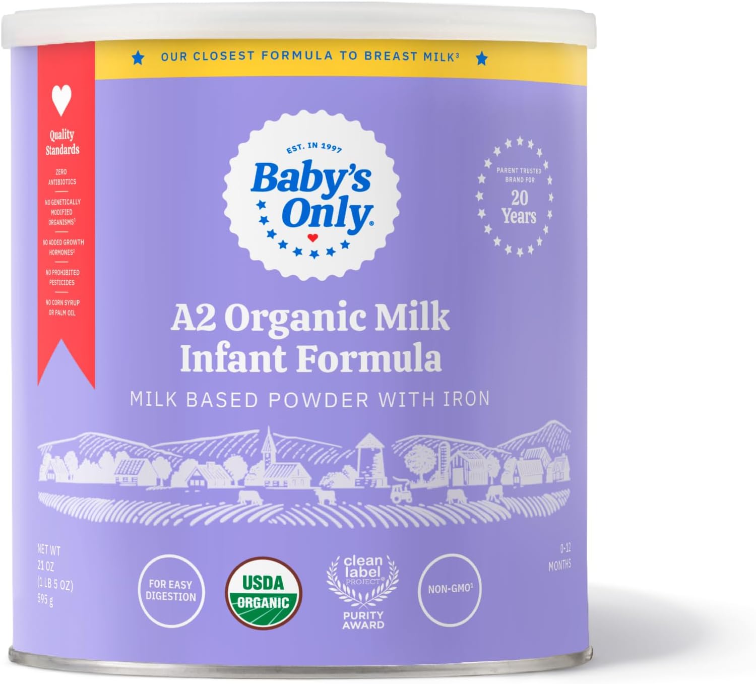 Baby's Only A2 Organic Milk Infant Formula, A2 Milk Based Powder, Organic Baby Formula with A2 Beta-Casein Protein, Iron, Vitamin E, Vitamin D, Easy to Digest, Newborn to 12 Months Old, 21 oz, 1 Pack
