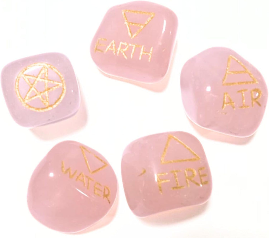New Rose Quartz 5 Element Tumbled Stones Thick Genuine Earth Wiccan Pagan Pouch Gift Air Water Earth Fire Spirit Pentacle Star Spiritual Psychic Metaphysical Worship Altar India Asia Stone Gemstone