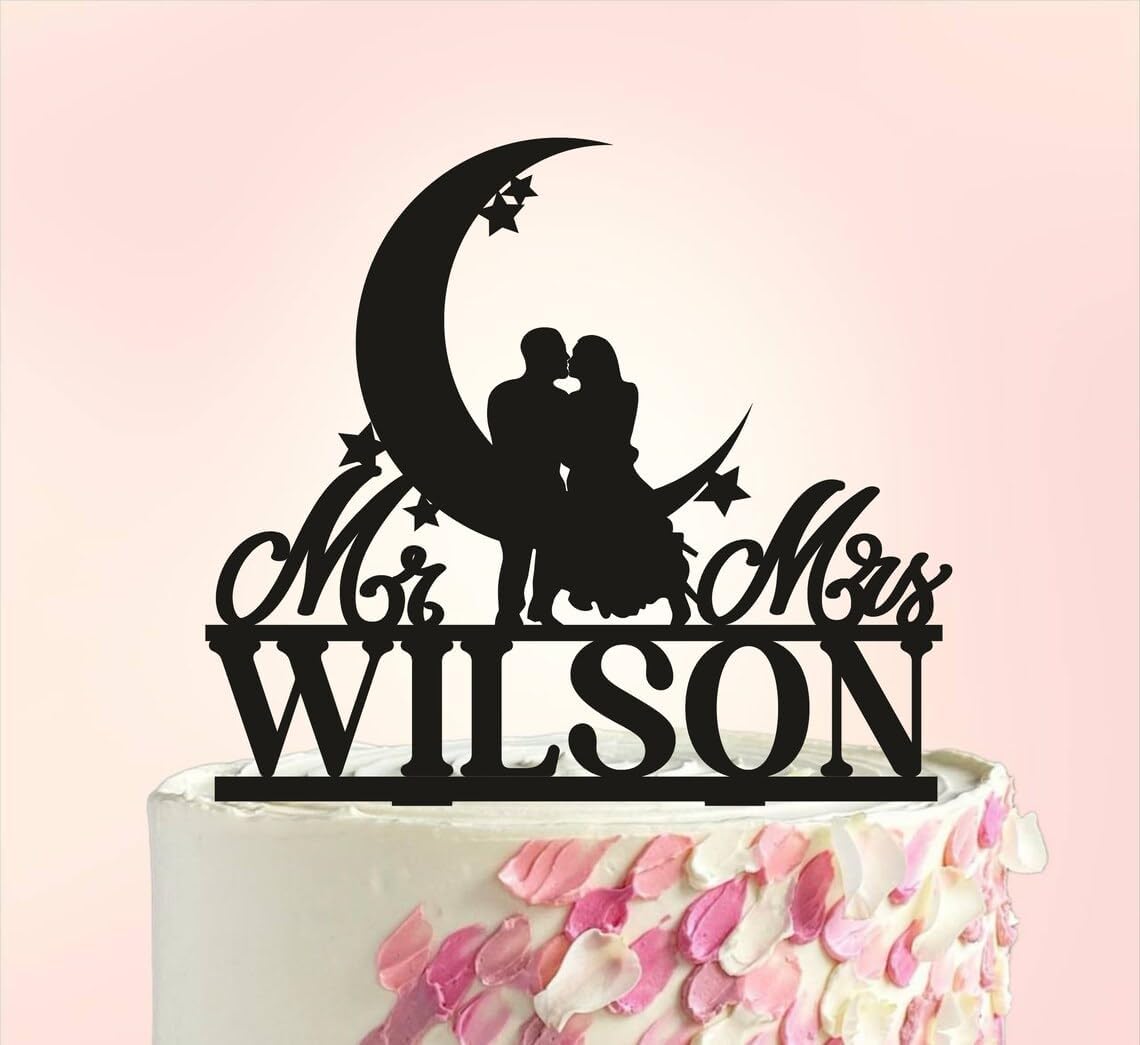 Moon and Stars Wedding Cake Topper,Bride and Groom Silhouette,Custom Cake Topper,To the Moon and Back Cake Insert for Proposal Wedding Engagement Anniversary Birthday Party Shower.